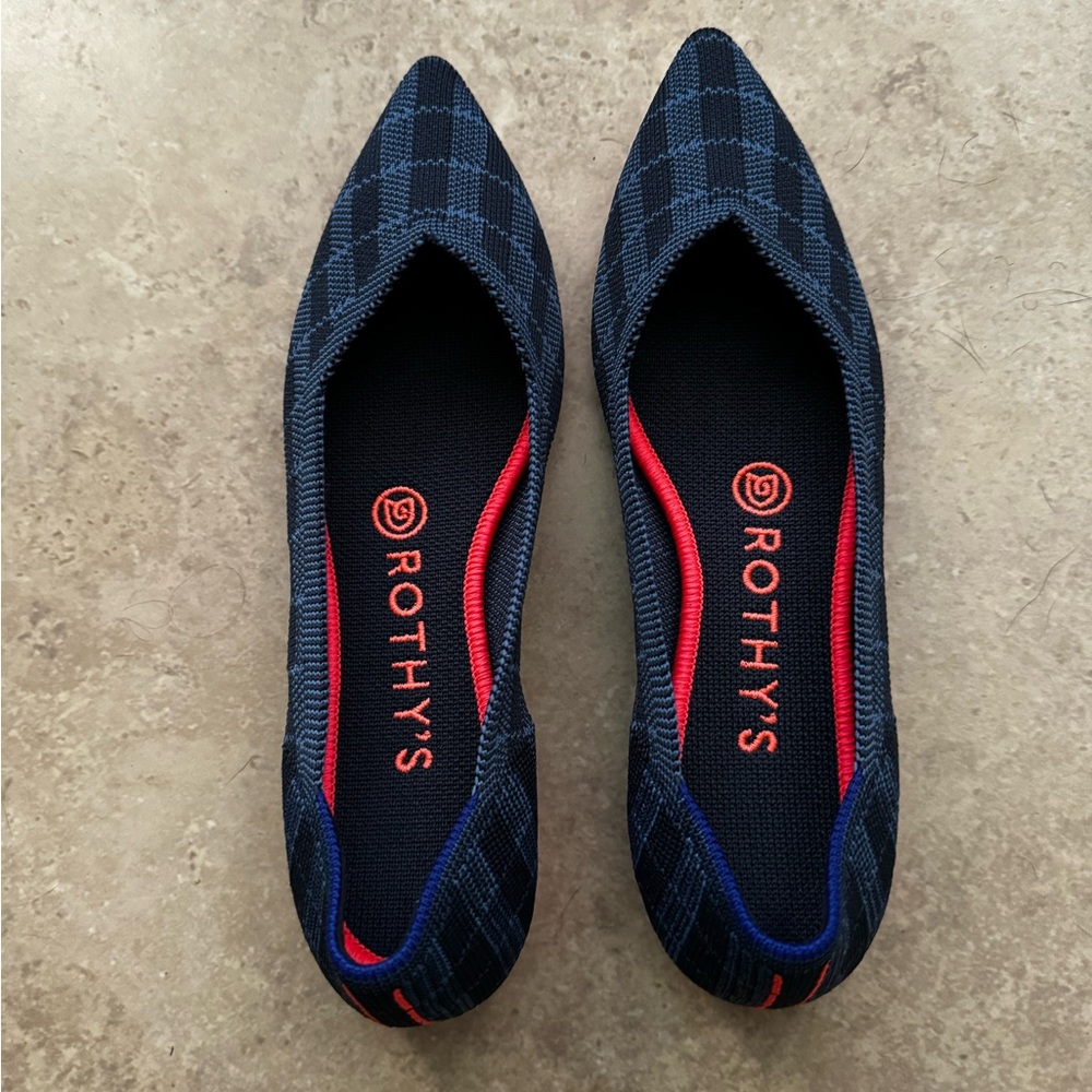 Rothys The Point Indigo Gingham Flat. Size 7 (retired style)